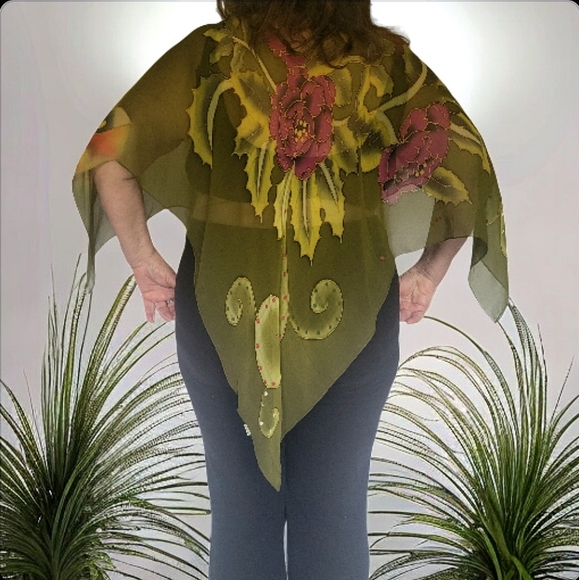 *SOLD* 2 PIECE Beautiful 100% silk poncho Mustard Yellow Shrug/kimono 2X-3X - Picture 3 of 15